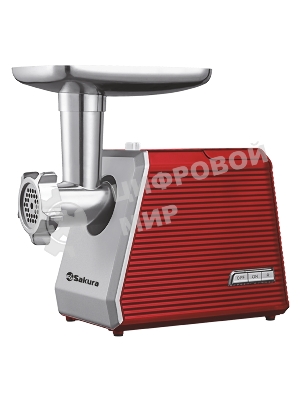 Мясорубка электрическая Sakura SA-6424R красный, 2000 Вт, 3.5 кг/мин, реверс, защита от перегрузки, металлический лоток, насадки - 4