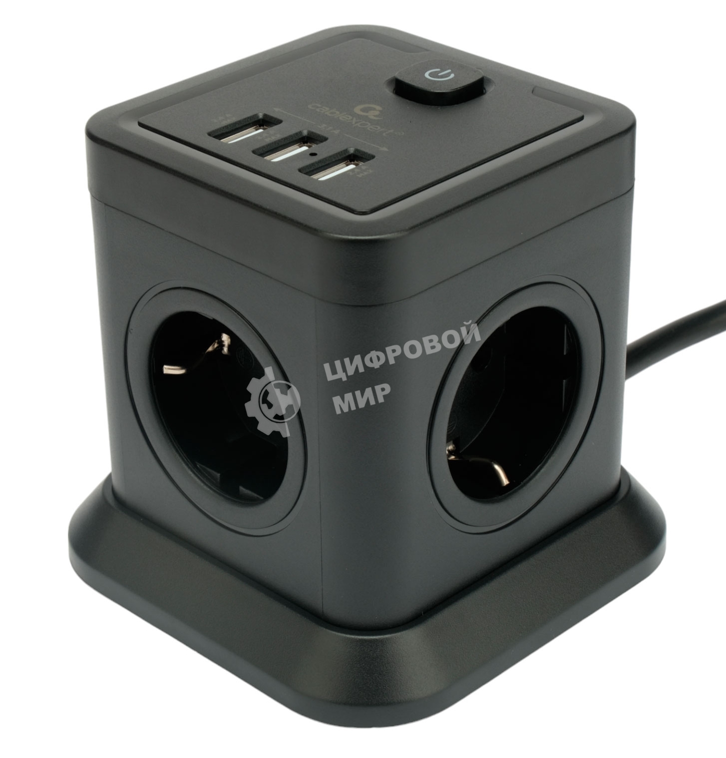 Сетевой фильтр Cablexpert Tower, TWR-4-U3-B-3, 4р, 10А, 3xUSB, 3.1А, 3 м, ур. защиты 2+, черный, коробка