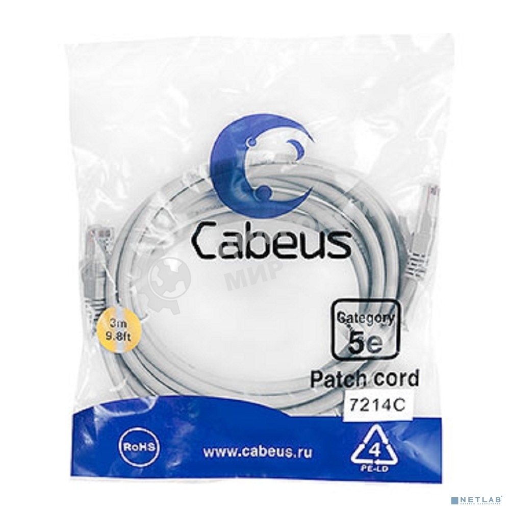 Патч-корд Cabeus PC-UTP-RJ45-Cat.5e-3m U/UTP, cat.5е, 2xRJ45/8p8c, неэкранированный, серый, PVC, 3м