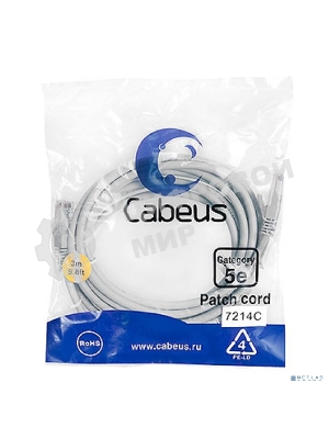 Патч-корд Cabeus PC-UTP-RJ45-Cat.5e-3m U/UTP, cat.5е, 2xRJ45/8p8c, неэкранированный, серый, PVC, 3м