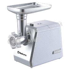 Мясорубка электрическая Sakura SA-6424W белый, 2000 Вт, 3.0 кг/мин, реверс, защита от перегрузки, металлический лоток, насадки - 4