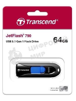 Флешка USB Transcend JetFlash 790 (TS64GJF790K), 64 Gb, USB 3.0, R/W 90/40, черный/синий