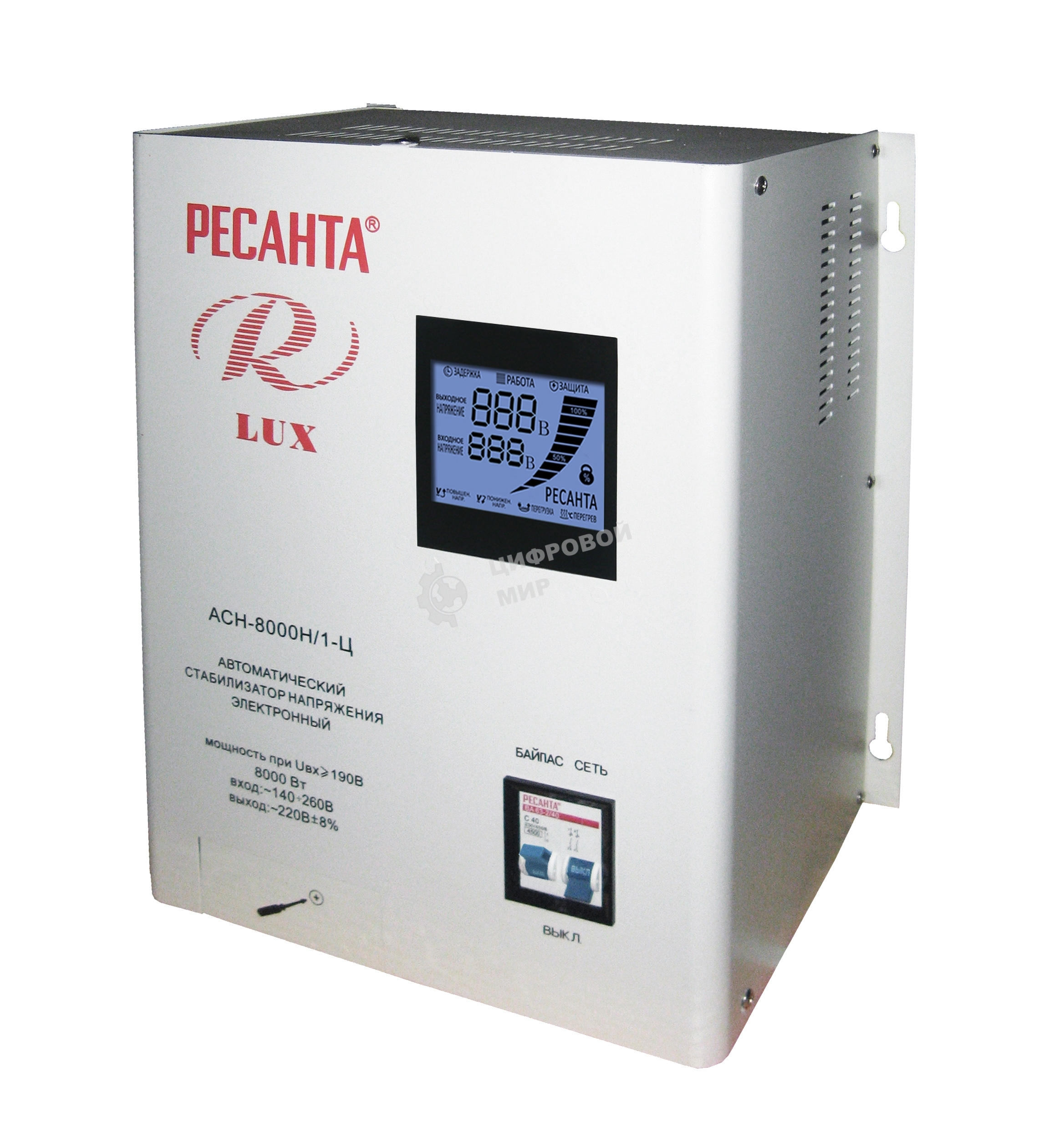 Стабилизатор напряжения Ресанта АСН-8 000 Н/1-Ц 63/6/17 Стабилизатор Lux 220В±8%, Габ. 305х190х360, Вес 15кг