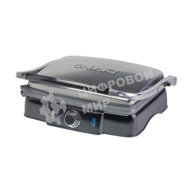 Гриль электрический Galaxy Line GL 2961, черный с серебристым, механическое управление, 2200 Вт, мраморное керамическое покрытие рабочей поверхности, корпус из нержавеющей стали, индикаторы сети и нагрева, регулятор температуры, лопатка и емкости для сбора жидкости