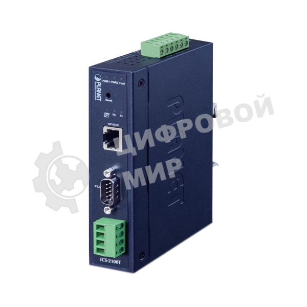 Конвертер PLANET ICS-2100T IP30 Industrial 1-Port RS232/RS422/RS485 Serial Device Server (1 x 10/100BASE-TX, -40~75 degrees C, dual 9~48V DC, Web, Telnet and SNMP management)