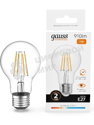 Лампа светодиодная филаментная Gauss Filament 11Вт цок.: E27 груша св. свеч. бел. теп. (упак.: 10 шт)