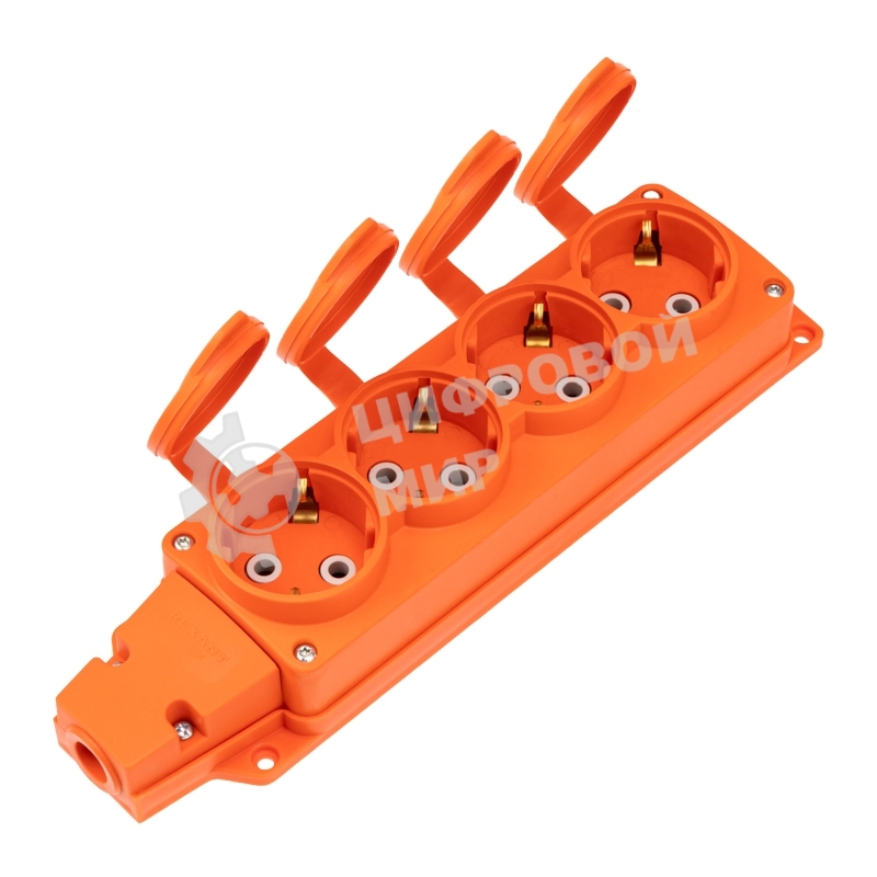 Розетка (колодка) Rexant влагозащищенная с крышкой 4 гнезда COMPACT, с/з, 16А, IP54, каучук, оранжевый