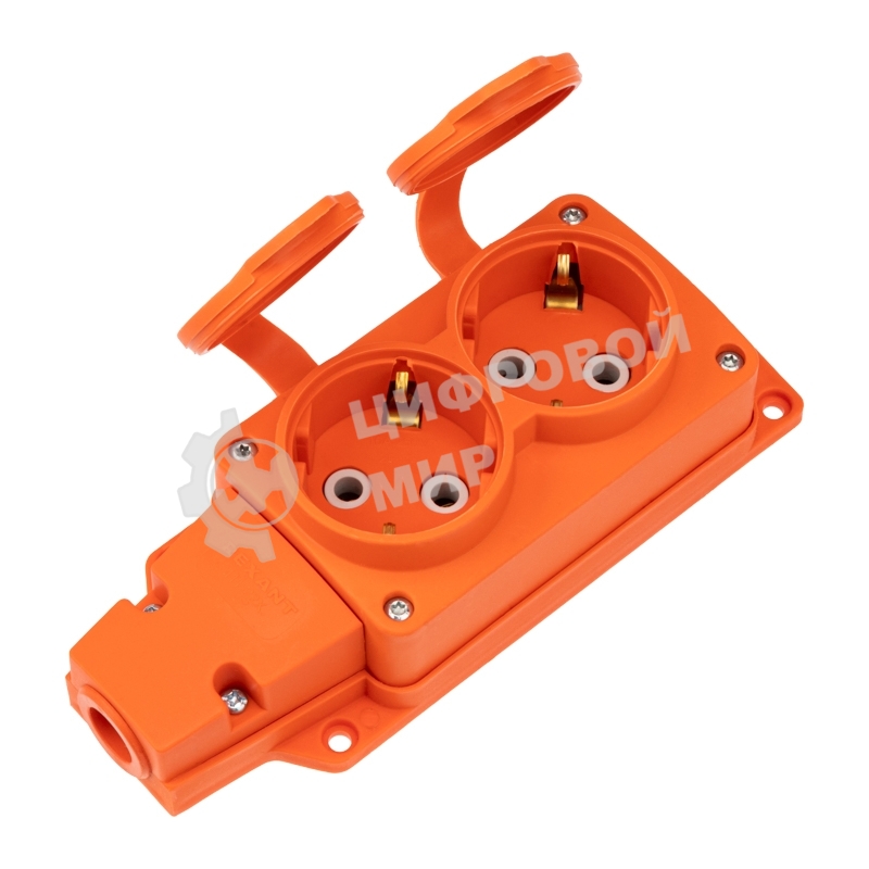Розетка (колодка) Rexant влагозащищенная с крышкой 2 гнезда COMPACT, с/з, 16А, IP54, каучук, оранжевый