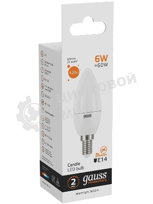 Лампа светодиодная Gauss Elementary 6Вт цок.: E14 свеча 220B 3000K св. свеч. бел. теп. C37 (упак.: 10 шт) (33116)