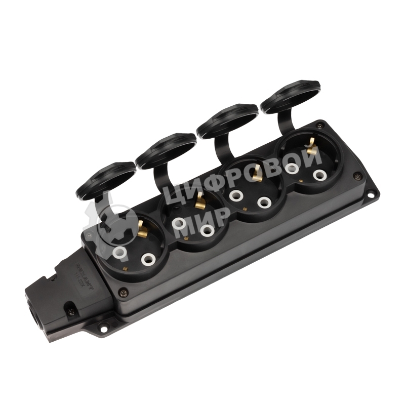 Розетка (колодка) Rexant влагозащищенная с крышкой 4 гнезда COMPACT, с/з, 16А, IP54, каучук, черный