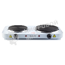 Плитка Galaxy Line GL 3002, белый, электрическая, 2500 Вт (1000Вт+1500Вт), 2 закрытых нагревательных элемента, макс. нагрузка 10 кг, диаметр нагрев. элементов 155 и 185 мм, металлический корпус покрыт эмалью, плавная регулировка температуры нагрева, 2 индикатора работы