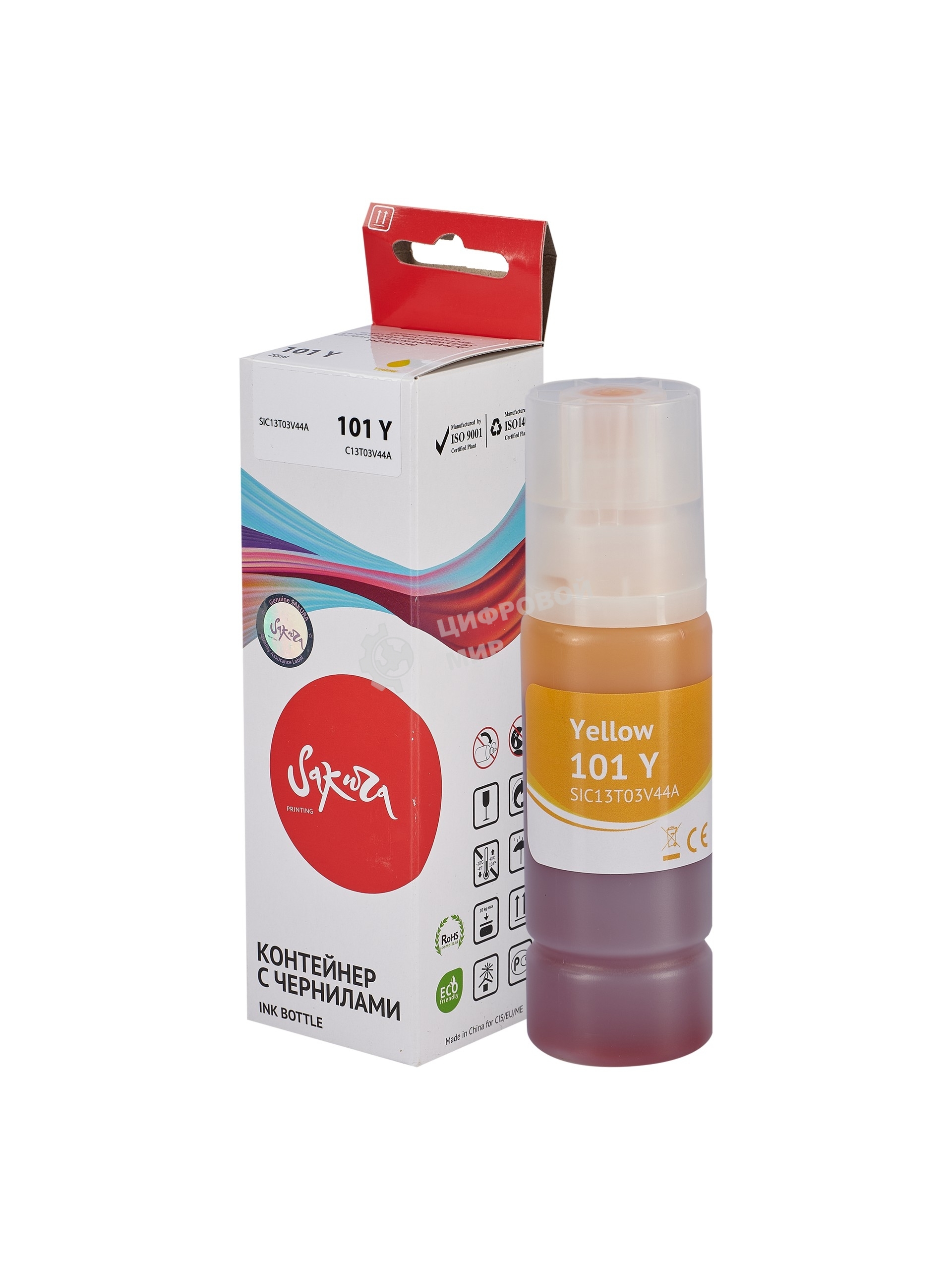 Контейнер с чернилами Sakura C13T03V44A (101 Y) для Epson, водорастворимый тип, желтый, 6000 к., 70 мл.