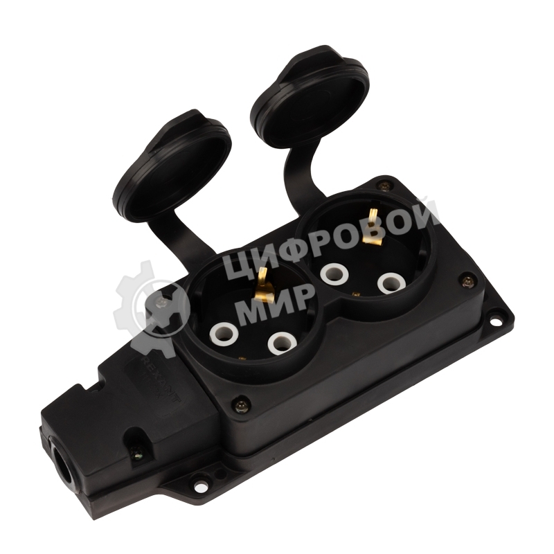 Розетка (колодка) Rexant влагозащищенная с крышкой 2 гнезда COMPACT, с/з, 16А, IP54, каучук, черный