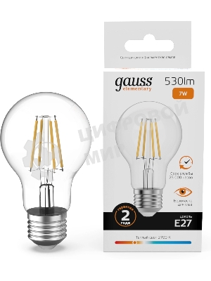 Лампа светодиодная филаментная Gauss Filament 7Вт цок.: E27 груша св. свеч. бел. теп. (упак.: 10 шт)