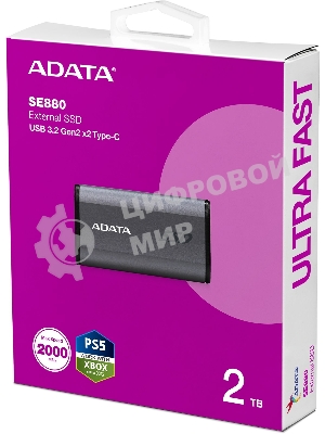 Внешний SSD ADATA Elite SE880, 2TB, USB 3.2 Gen 2x2 Type-C, R/W 2000/2000, серый